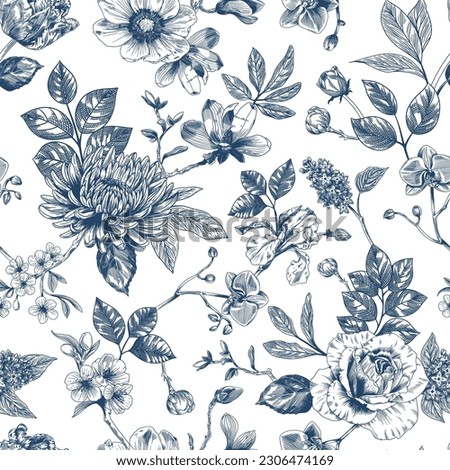 Abstract modern floral seamless pattern with hand drawn flower in Toile de jouy style. Retro elegance repeat print. Vintage design for fabric, wallpaper or wrapping Foto stock © 