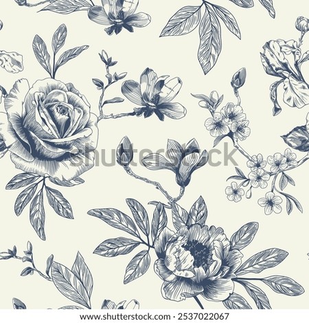 Abstract modern floral seamless pattern with hand drawn flower in Toile de jouy style. Retro elegance repeat print. Vintage design for fabric, wallpaper or wrapping