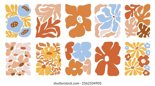 Abstract modern flowers. Groovy botanic art. Decorative plant elements. Floral compositions. Matisse style creative print. Hippie blossoms. Natural leaves and corals