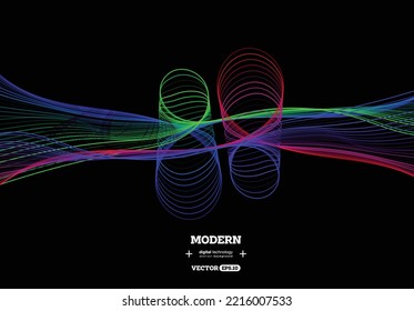 Abstrakte moderne Fließbandtechnik, Teilchenwelle, Big-Data-Technologie. Design-Konzept für Hintergrund und Bildschirmhintergrund, Banner-Hintergrund, Flyer, Bericht, Broschüre, Website-Landung. Vektorgrafik 
