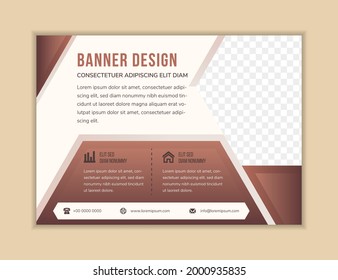 Abstract modern flyer design template use horizontal layout. flat soft brown background combined with multicolored brown elements colors. Half hexagon shape for space of photo collage.