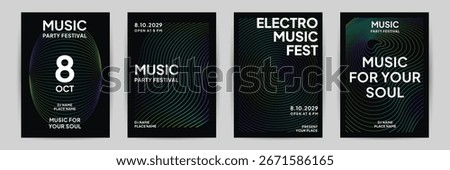 Abstract modern flyer template for electro music fest, party event, or DJ performance. Minimalist design with neon gradient lines on dark background, perfect for nightclub promotion, EDM concert