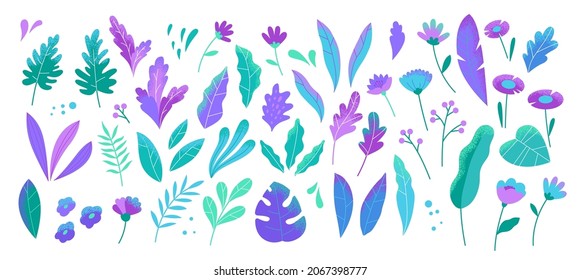 Abstract modern foliage collection. Botanical futuristic elements isolated on a white background. Vector illustrations in flat style. Branches, wild flowers, palm leaves, berries and grass.