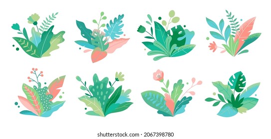 Abstract modern foliage collection. Botanical futuristic elements isolated on a white background. Vector illustrations in flat style. Branches, wild flowers, palm leaves, berries and grass.