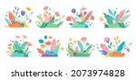 Abstract modern foliage collection. Spring meadow with flowers and grass. Botanical futuristic elements isolated on a white background. Vector illustrations in flat style. 