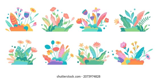 Abstract modern foliage collection  Spring meadow and flowers   grass  Botanical futuristic elements isolated white background  Vector illustrations in flat style  