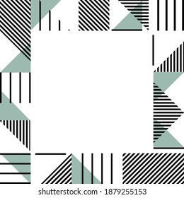 abstract modern frame in scandinavian style. Black striped geometric shapes. Pastel green triangles. Minimalistic background with place for text, applicable for covers, posters, card designs
