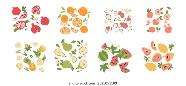 Abstractas frutas modernas, colección plana. Conjunto de frutas tropicales enteras, rebanadas, trozos. Granada, naranja, frutas del dragón, melocotón, piña, peras, sandía, partes de la planta de papaya conjunto