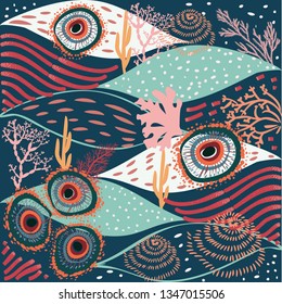 abstract modern fun sea creature reefs pattern deep blue- vector