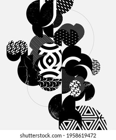 Abstract modern geometric background. Composition of patterned and textured circles	