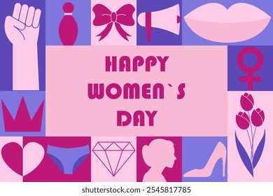 Resumo do fundo geométrico moderno para o Dia Internacional das Mulheres. Banner festivo com padrão de mosaico. Ilustração vetorial