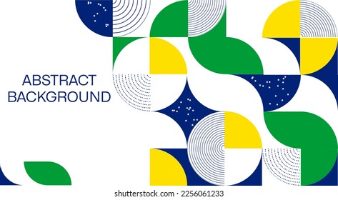 Abstrakter, moderner geometrischer Hintergrund aus einfachen geometrischen Formen, Kreisen, Kreisen. Die Farben der Flagge Brasiliens sind grün, blau, gelb.