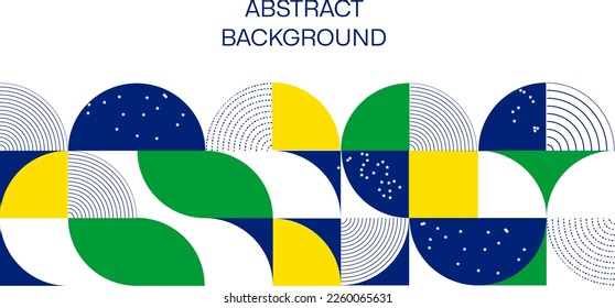 Abstract modern geometric background from simple geometric shapes, circles, circles. The colors of the flag of Brazil are green, blue, yellow.