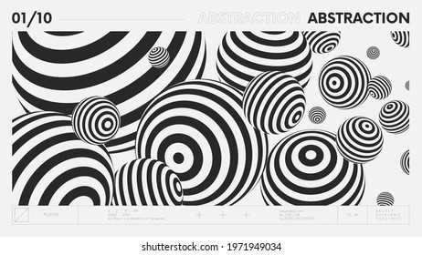 Abstract modern geometric banner with simple shapes in black and white colors, graphic composition design vector background, flying balls of different shapes with linear pattern