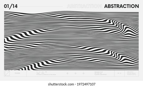 Abstract modern geometric banner with simple shapes in black and white colors, graphic composition design vector background, curvature of stripes, wave lines optical illusion