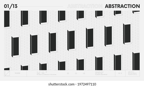 Abstract modern geometric banner with simple shapes in black and white colors, graphic composition design vector background, windows and bricks details architectural facade of the house