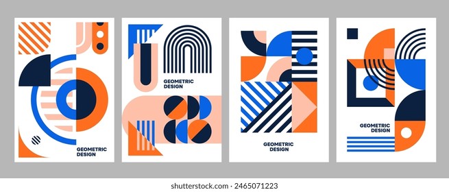 Abstract modern geometric business posters with vector pattern of minimal graphic design elements. Square, triangle, circle, line and arch geometric shapes composition, trendy mosaic brochure template