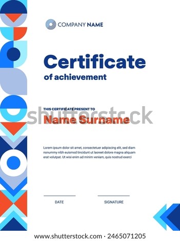 Abstract modern geometric certificate template. Vector diploma or certificate of achievement, appreciation award or honor gift with border of geometric shapes pattern. Modern creative graphic diploma