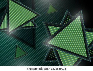 Abstract modern geometric composition with decorative triangles. Striped triangles and striped dark background. Vector illustration