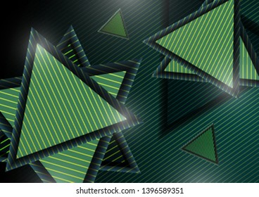 Abstract modern geometric composition with decorative triangles. Striped triangles and striped dark background. Vector illustration
