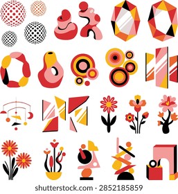 Abstract modern geometric design elements collection featuring 3D shapes, halftone spheres, floral motifs, mirrors, and balance sculptures in red, orange, and black vector illustration set.