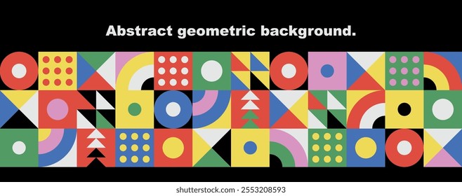 Abstract modern geometric design with simple shapes. Banner template. Bauhaus flat style. Squares, triangles, dots and circles on a black background. Vector illustration.