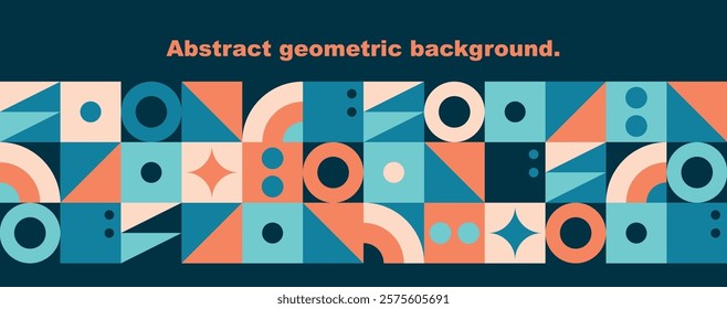 Abstract modern geometric design with simple shapes. Banner template. Bauhaus flat style. Squares, triangles, stars, dots and circles on a dark background. Vector illustration.