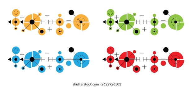 Abstrakte moderne geometrische Figuren verschiedene Farben Kreise und Linien gesetzt. Grafische Gestaltungselemente und Ressourcen, Vektorgrafik