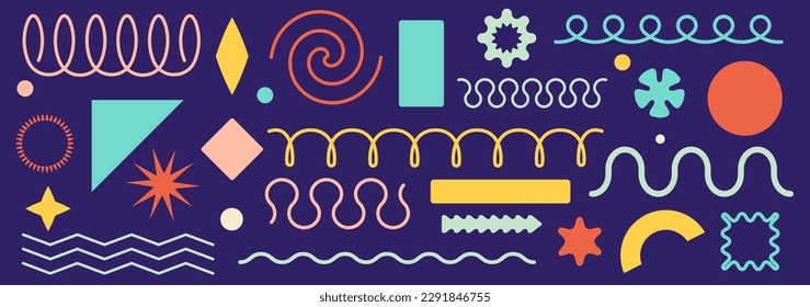 Abstract Modern Geometric Figures, Forms and shapes in Trendy bauhaus brutalist Minimal Style. Retro colors. Primitive Basic Vector Elements: Spiral, Zigzag, Wave, Circle, Square