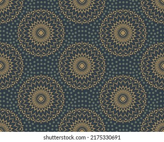 Abstract modern geometric flower pattern with polka dots on black background.