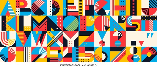 Abstract modern geometric font, color letters and numbers typeface of english alphabet. Vector typography abc characters and symbols type set with rainbow color geometric shapes, lines and dots