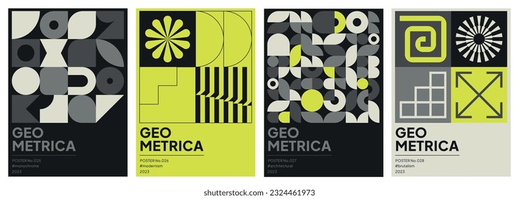 Abstract, modern, geometric, gray, black and yellow backgrounds influenced by Swiss style and brutalism, for posters, covers, prints, banners, layouts, seamless patterns, packaging or brochures.