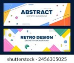 Abstract modern geometric Memphis flyers and banners with minimal shape elements, vector backgrounds. Memphis simple figures and retro futuristic tech shapes of minimalistic waves, circles and stars