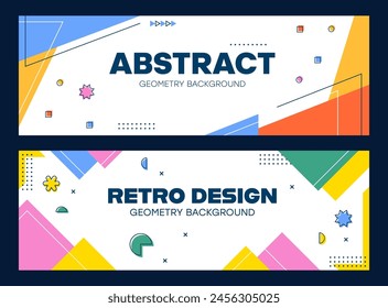 Abstractas volantes y Anuncios geométricos modernos de Memphis con Elementos de forma mínima, fondos de Vector. Memphis simples figuras y retro futurista tecnología Formas de ondas minimalistas, círculos y estrellas