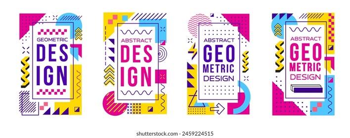 Abstract modern geometric Memphis posters and banners, vector cover templates. Memphis pattern posters with minimal line shapes and abstract geometric figures of wave lines or dots in halftone