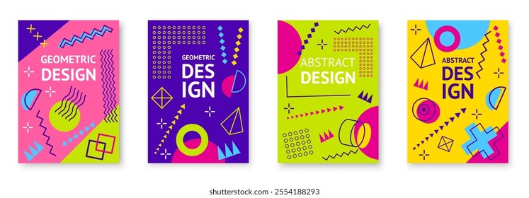 Abstract modern geometric memphis posters. Vector line patterns of circle, triangle and square shapes, dots, waves and crosses graphic elements. Trendy memphis pattern business poster templates
