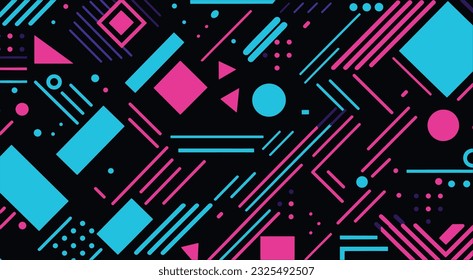 patrón geométrico abstracto moderno con elementos geométricos, en el estilo de azul oscuro y magenta, patrones y formas lineales, diseño memphis, ingenuo, gráfico y audaz, moderno, negro claro y cian