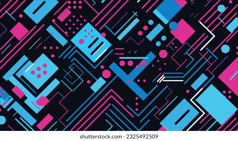 abstract modern geometric pattern with geometric elements, in the style of dark azure and magenta, linear patterns and shapes, memphis design, naive, graphic and bold, modern, light black and cyan