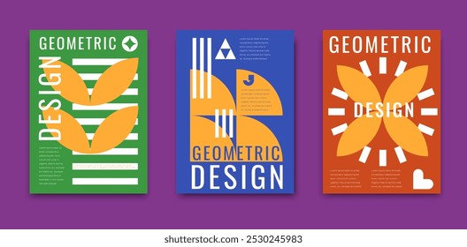 Abstract modern geometric posters featuring bold colors and dynamic shapes, creating a visually striking and contemporary design for retro modern art exhibitions. Vector vibrant and creative templates