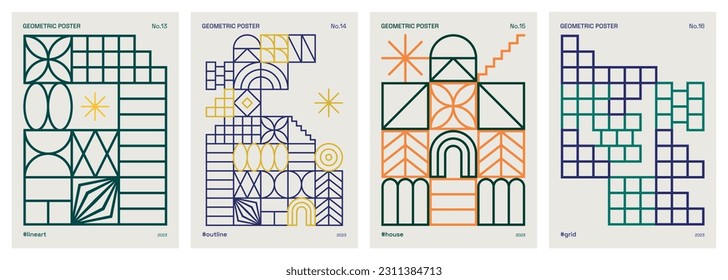 Abstract modern geometric posters. Vector patterns influenced by art deco and minimalism. Trendy geometric backgrounds for prints, covers, invitations or cards. Architectural and line art shape set.