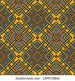Abstract modern geometric seamless pattern of blue, yellow, and orange shades
