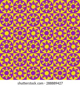 Abstract modern geometric seamless pattern with squares, circles and stars of yellow and violet colors