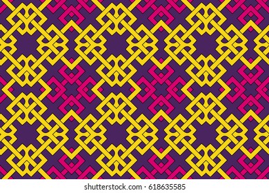 Abstract modern geometric seamless pattern with celtic ornament of yellow and violet shades