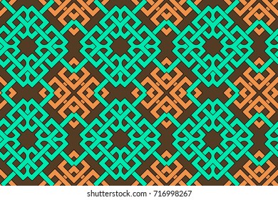 Abstract modern geometric seamless pattern with celtic ornament of brown, green, and orange shades