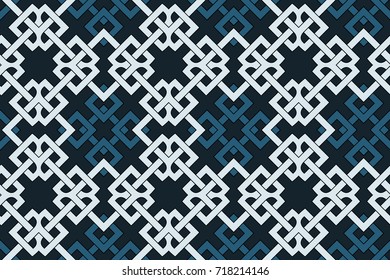 Abstract modern geometric seamless pattern with celtic ornament of blue and white shades