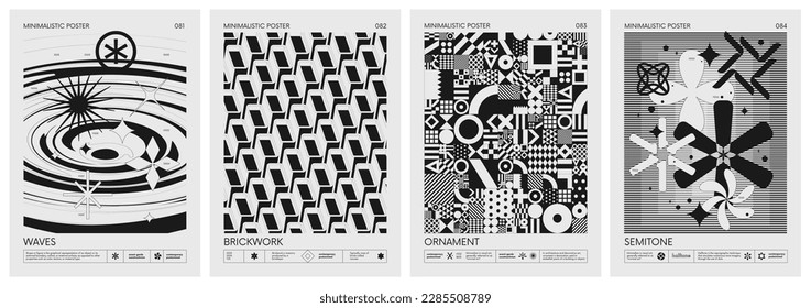 Abstract modern geometric vector Minimalistic Posters with simple shapes in black and white and silhouette of basic geometric figures, composition graphic design, set 21