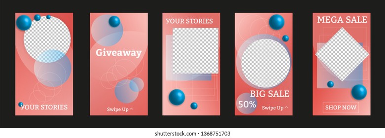 Abstract modern geometric vector set of social network stories sale banner background, template photo in coral blue color. Can be use for mobile app, coupon, gift card, landing page, website,  poster,
