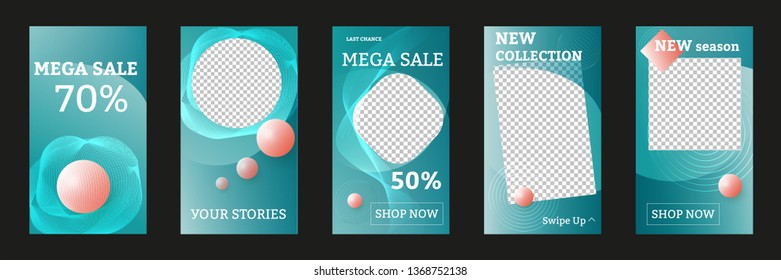 Abstract modern geometric vector set of social network stories sale banner background,  template photo in coral turquoise blue color. Can be use for mobile app, coupon, gift card, landing page, websit
