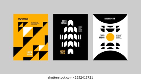 Abstract, modern, geometric white, black and yellow backgrounds influenced by Swiss style for posters, covers, prints, banners, layouts, seamless patterns, packaging or brochures.