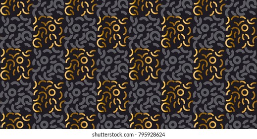 Abstract modern geometry repitable motif for surface design. Cool gold and black seamless pattern with geometric decorative shapes. 